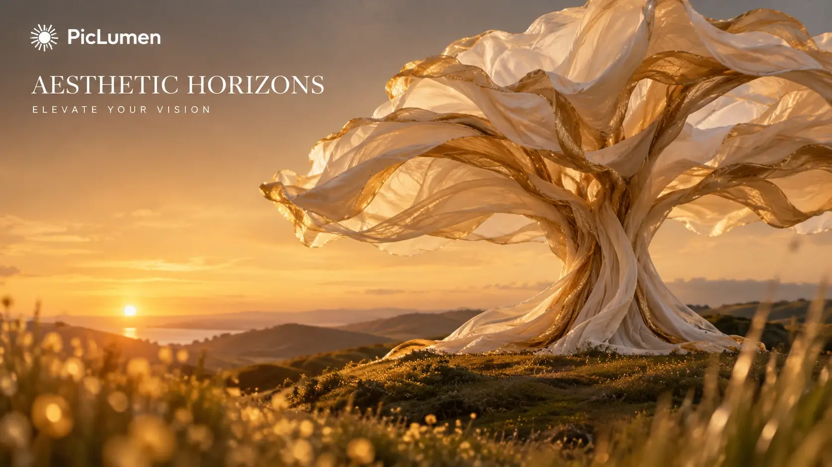 AI Facebook cover of a tree made of flowing golden silk on a sunset hillside, with the headline “Aesthetic Horizons”.
